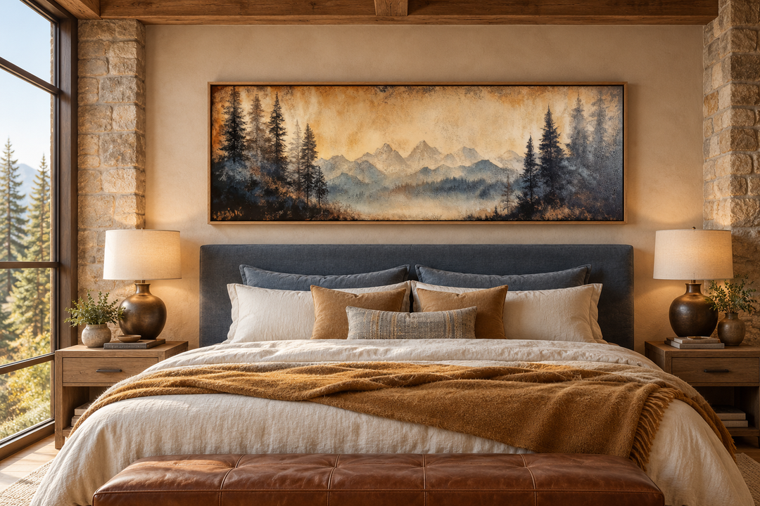 Toile encadrée longue horizontale au-dessus du lit représentant un paysage de montagne et de lac de Moody Orange 