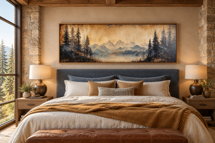 Toile encadrée longue horizontale au-dessus du lit représentant un paysage de montagne et de lac de Moody Orange 