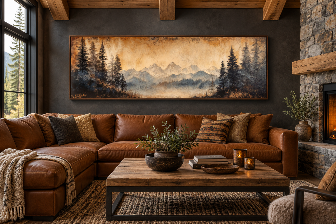 Toile encadrée longue horizontale au-dessus du lit représentant un paysage de montagne et de lac de Moody Orange 