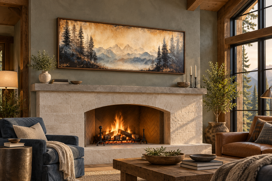 Toile encadrée longue horizontale au-dessus du lit représentant un paysage de montagne et de lac de Moody Orange 