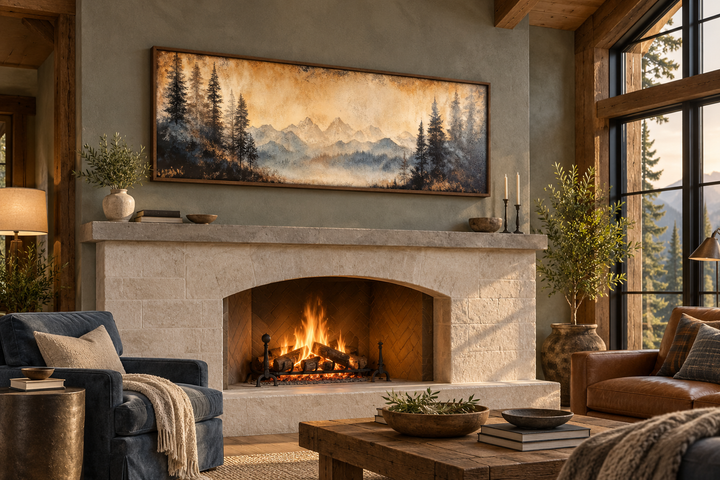 Toile encadrée longue horizontale au-dessus du lit représentant un paysage de montagne et de lac de Moody Orange 