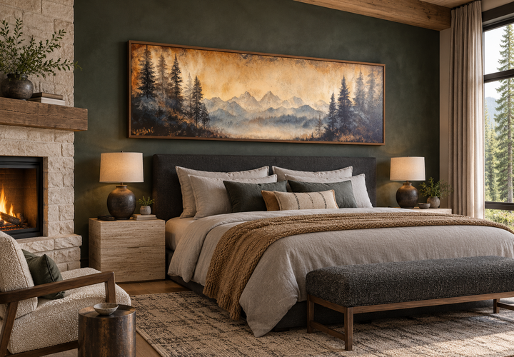 Toile encadrée longue horizontale au-dessus du lit représentant un paysage de montagne et de lac de Moody Orange 