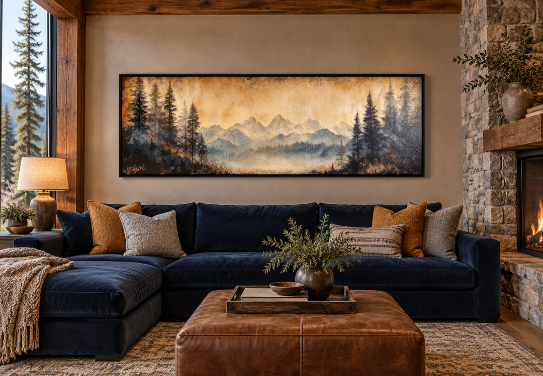 Toile encadrée longue horizontale au-dessus du lit représentant un paysage de montagne et de lac de Moody Orange 