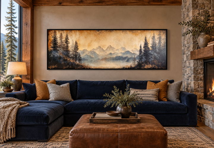 Toile encadrée longue horizontale au-dessus du lit représentant un paysage de montagne et de lac de Moody Orange 