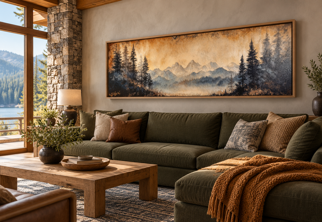 Toile encadrée longue horizontale au-dessus du lit représentant un paysage de montagne et de lac de Moody Orange 