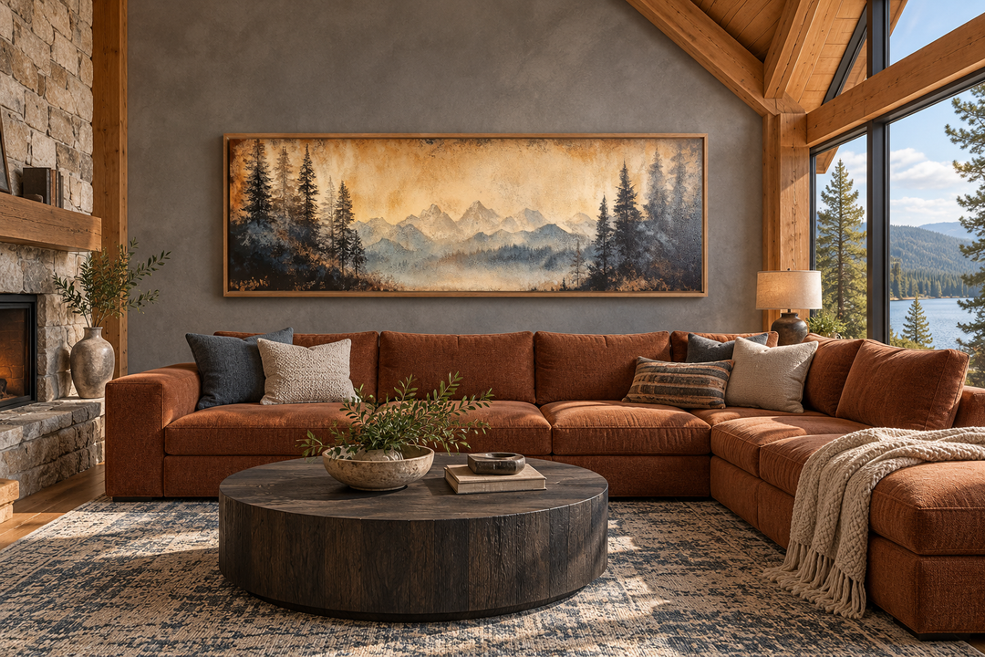 Toile encadrée longue horizontale au-dessus du lit représentant un paysage de montagne et de lac de Moody Orange 