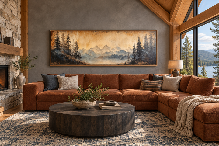 Toile encadrée longue horizontale au-dessus du lit représentant un paysage de montagne et de lac de Moody Orange 