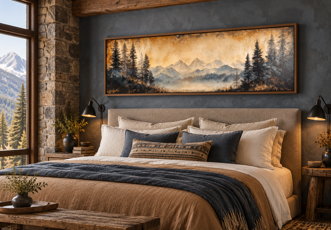 Toile encadrée longue horizontale au-dessus du lit représentant un paysage de montagne et de lac de Moody Orange 