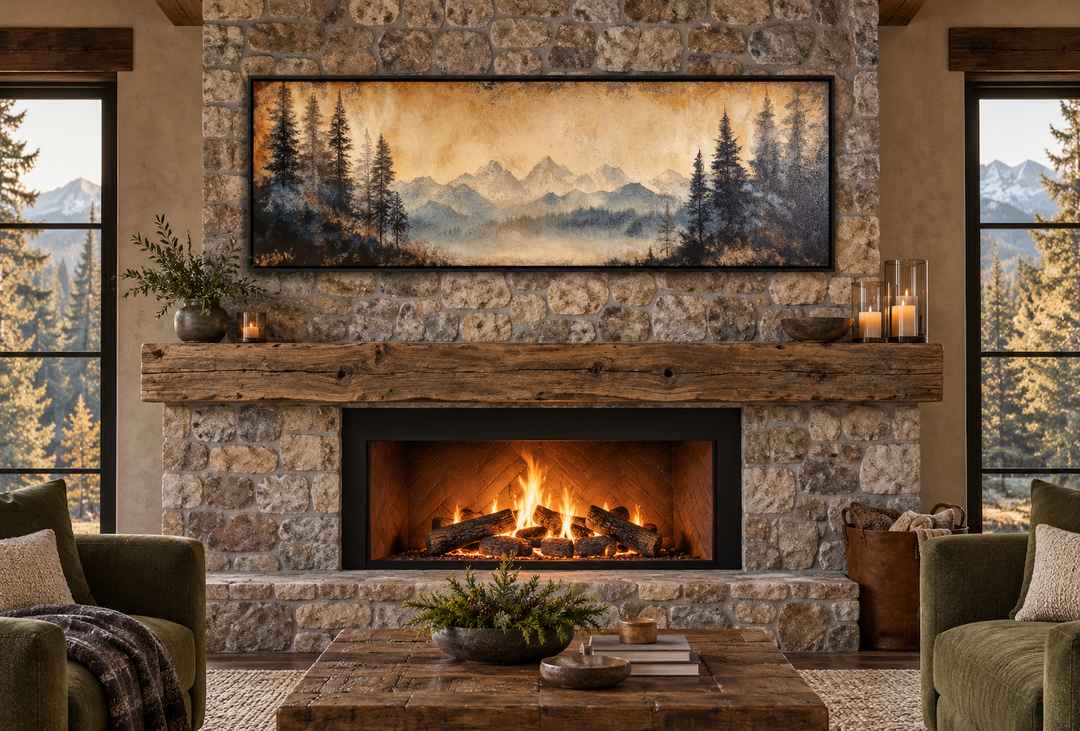 Toile encadrée longue horizontale au-dessus du lit représentant un paysage de montagne et de lac de Moody Orange 
