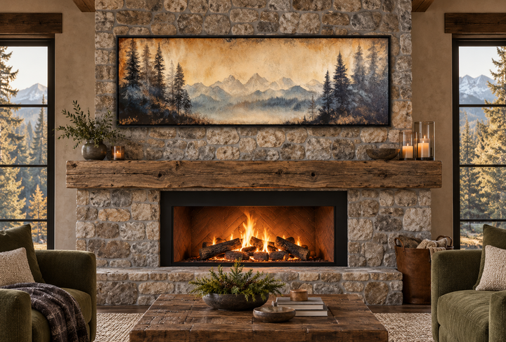 Toile encadrée longue horizontale au-dessus du lit représentant un paysage de montagne et de lac de Moody Orange 