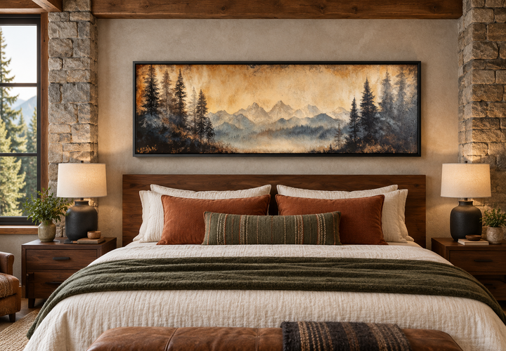 Toile encadrée longue horizontale au-dessus du lit représentant un paysage de montagne et de lac de Moody Orange 