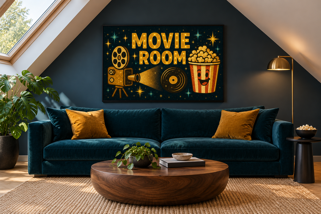 Retro Movie Room wall art with a projector and popcorn bucket above a teal sofa in a home theater.