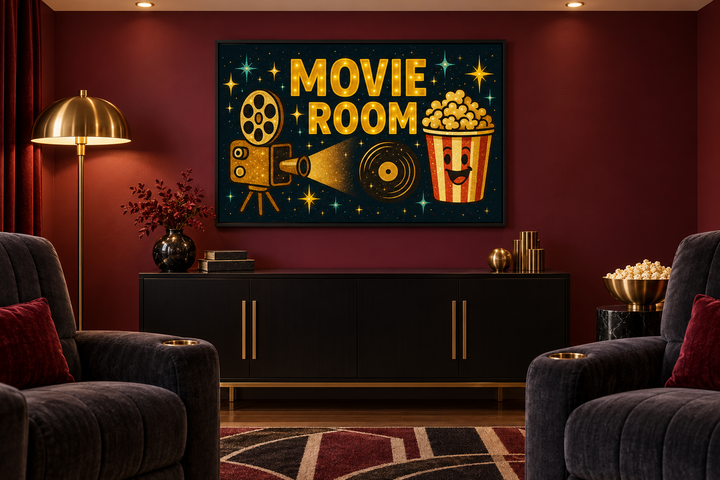 Retro Movie Room wall art with a projector and popcorn bucket in a burgundy home theater.