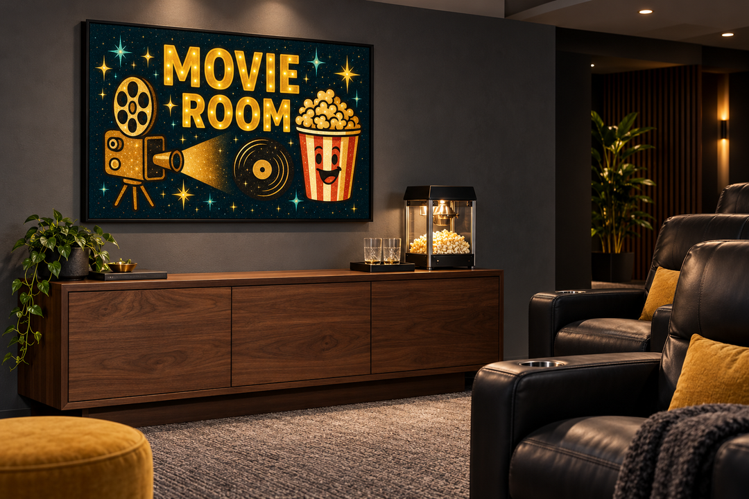 Retro Movie Room wall art with a projector and popcorn bucket above a wooden media console.