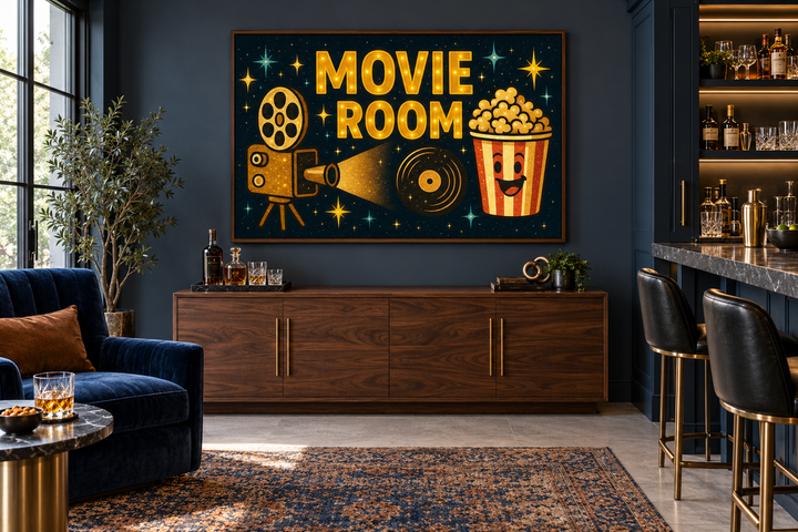 Retro Movie Room wall art with a projector and popcorn bucket above a walnut sideboard.