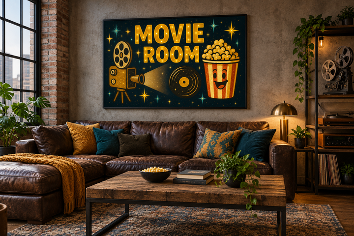 Retro Movie Room wall art with a projector and popcorn bucket above a leather sofa in a loft.
