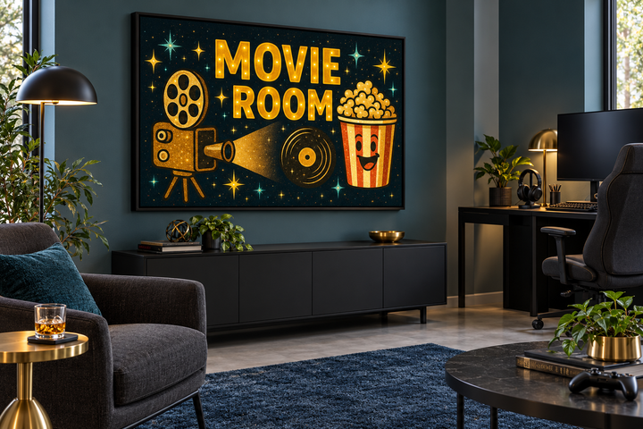 Retro Movie Room wall art with a projector and popcorn bucket in a modern home theater setting.