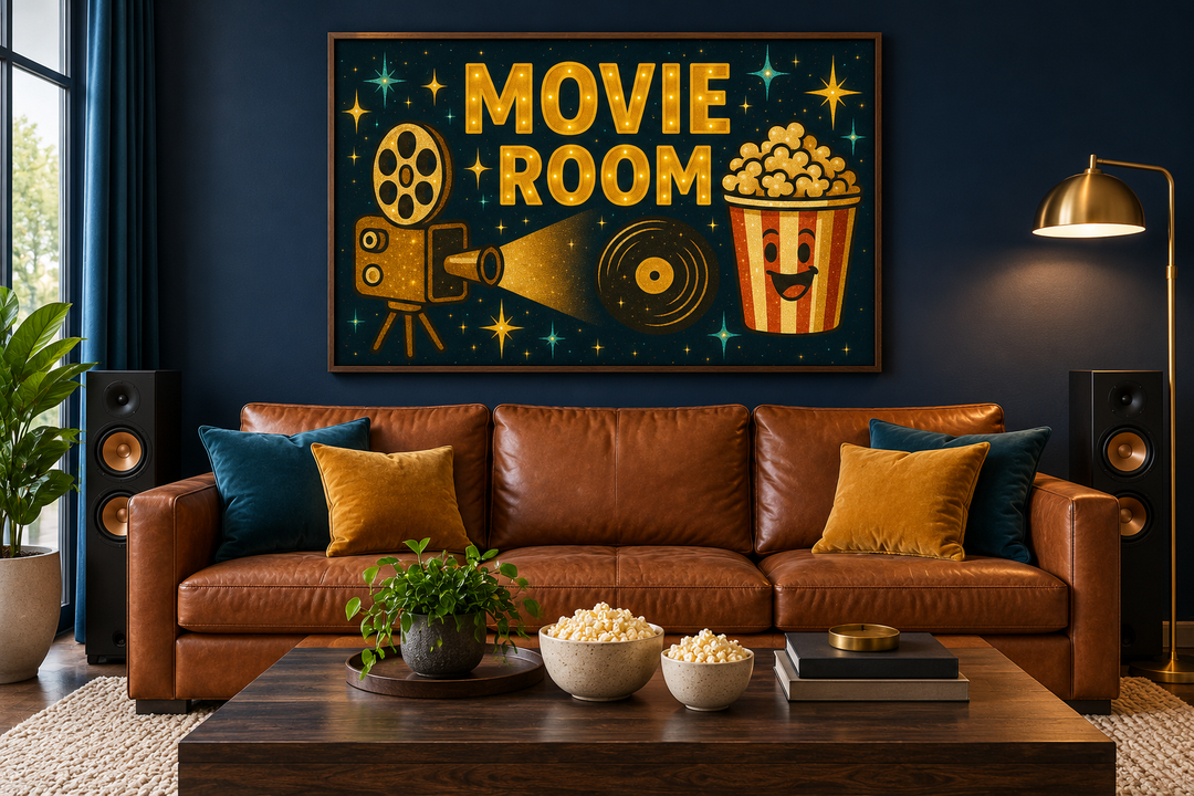 Retro Movie Room wall art with a projector and popcorn bucket above a brown leather sofa.