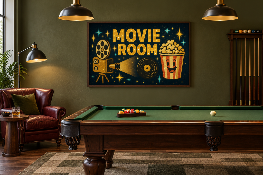 Retro Movie Room canvas wall art with popcorn and projector in a dark green billiards room.