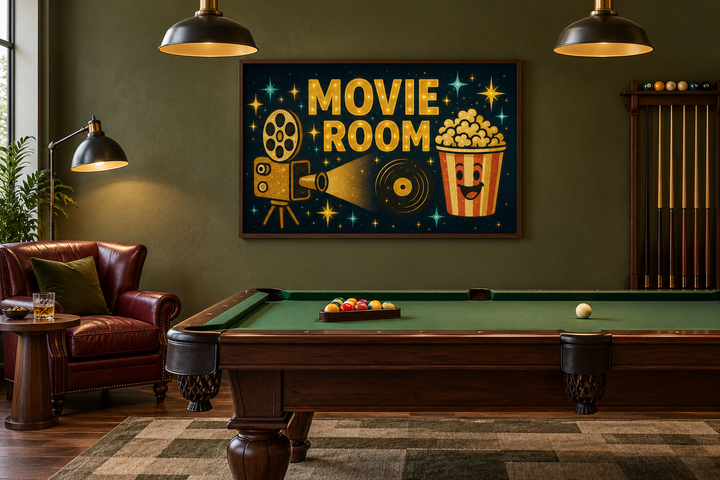 Retro Movie Room canvas wall art with popcorn and projector in a dark green billiards room.