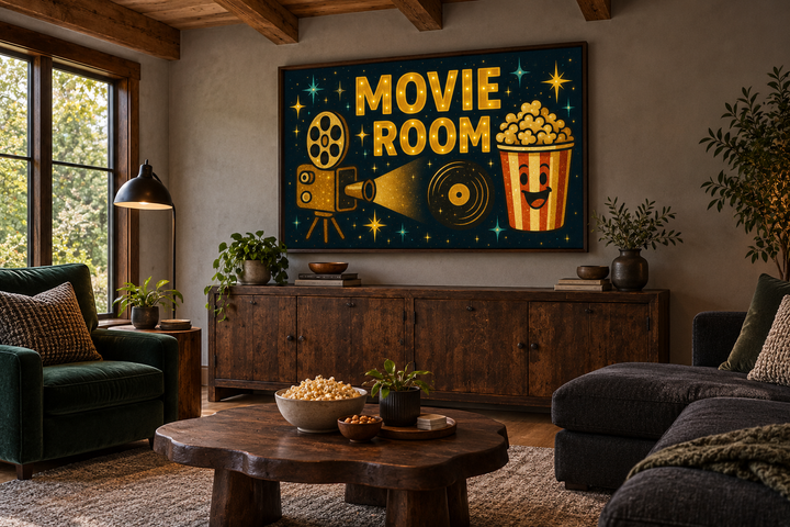 Retro Movie Room wall art with a vintage projector and popcorn bucket in a rustic home theater.