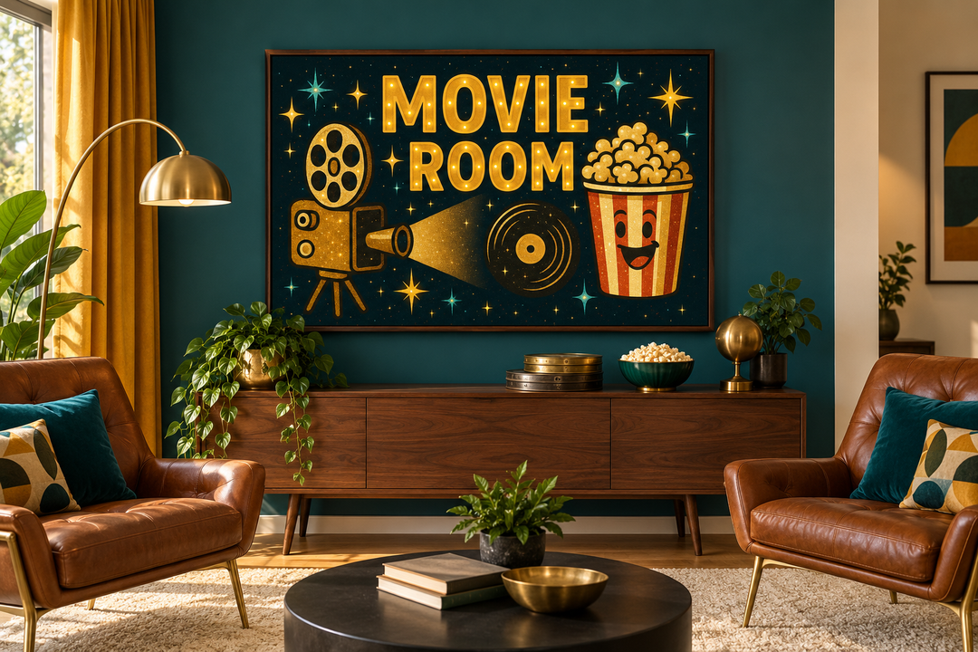 Retro Movie Room wall art with a projector and popcorn bucket above a walnut sideboard.