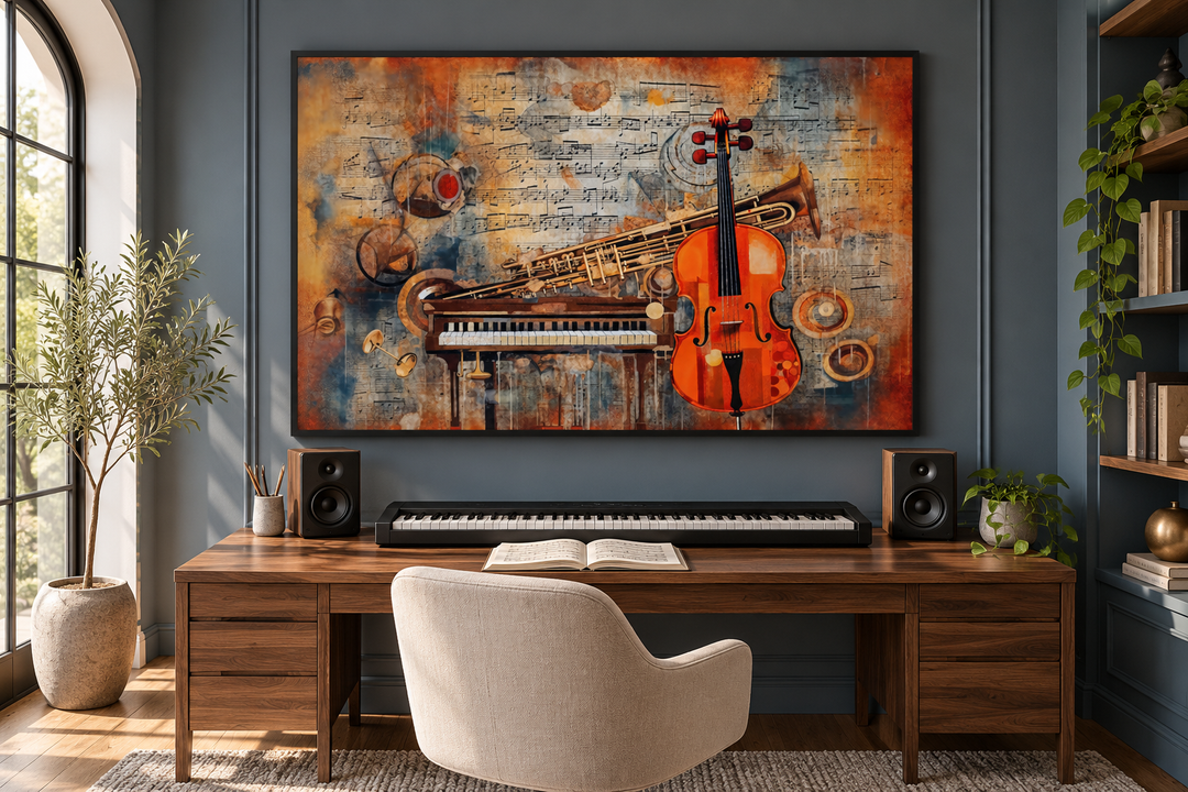 Abstract framed canvas wall art featuring musical instruments and notes in a modern home office.
