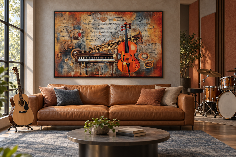 Abstract framed canvas art of musical instruments and notes above a brown leather sofa.