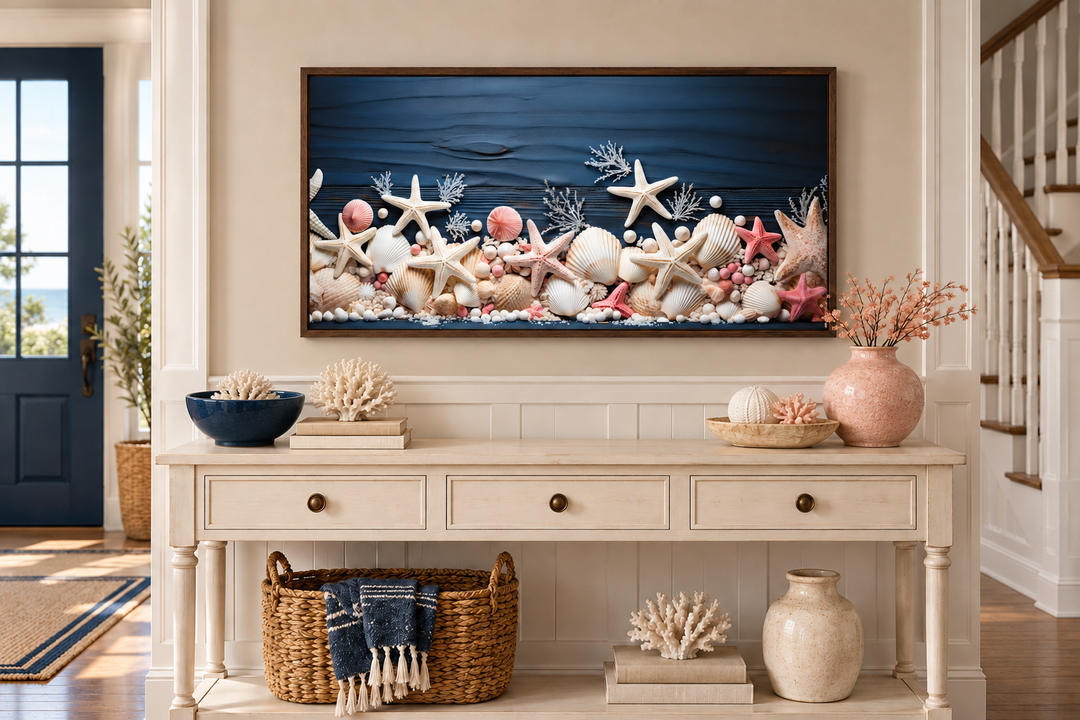 Pink starfish and seashells painting on navy blue wood texture in a walnut frame over a console.