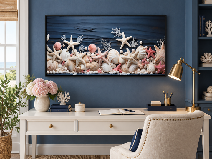 Coastal wall art with pink starfish and seashells on a navy blue wood texture in a black frame.