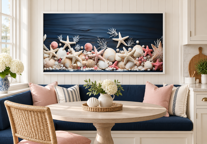 Coastal wall art with pink starfish and seashells on navy blue wood texture in a white frame.