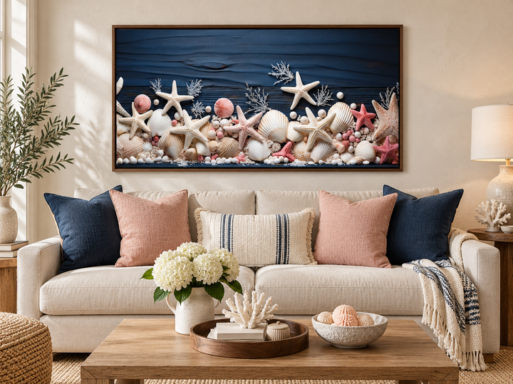Pink starfish and seashells painting on navy blue wood texture in a walnut frame over a sofa.