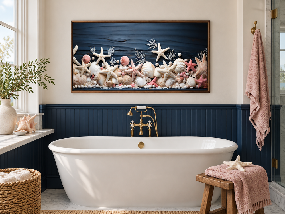 Coastal wall art of pink starfish and seashells on navy blue wood texture in a walnut frame.