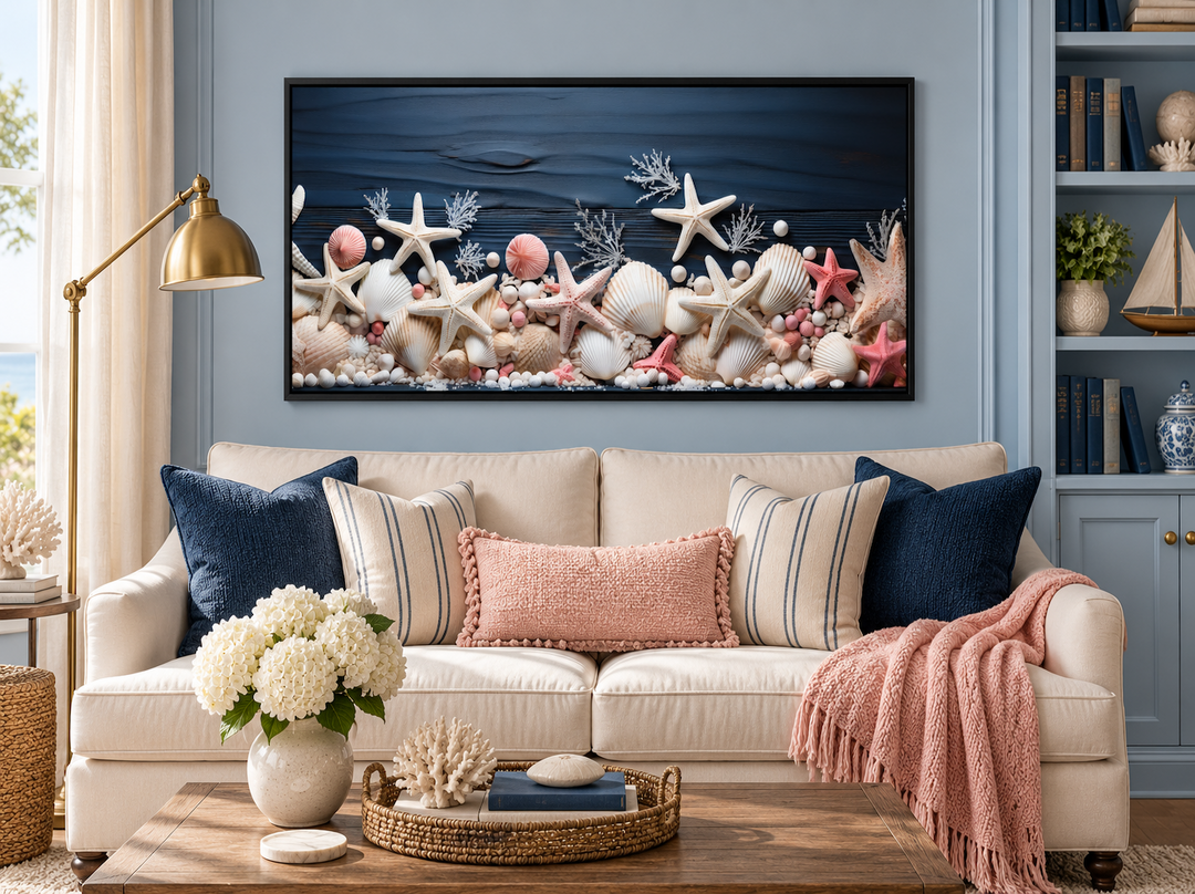 Pink starfish and seashells painting on navy blue wood texture in a black frame above a sofa.