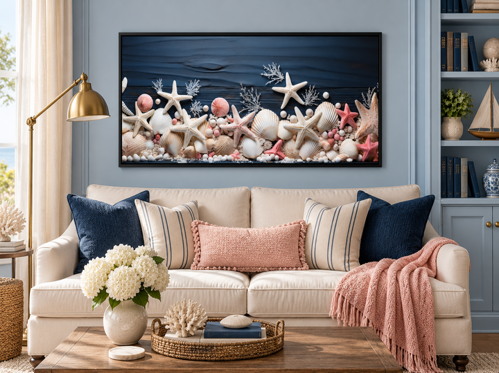 Pink starfish and seashells painting on navy blue wood texture in a black frame above a sofa.