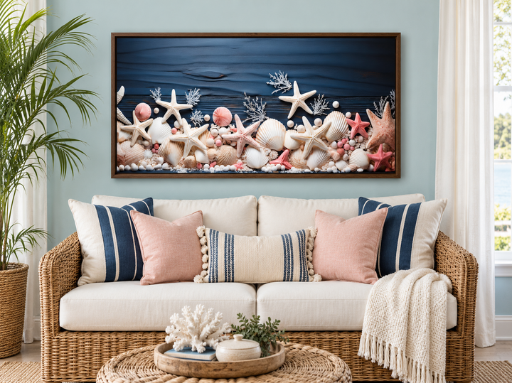Coastal wall art with pink starfish and seashells on navy blue wood above a wicker sofa.