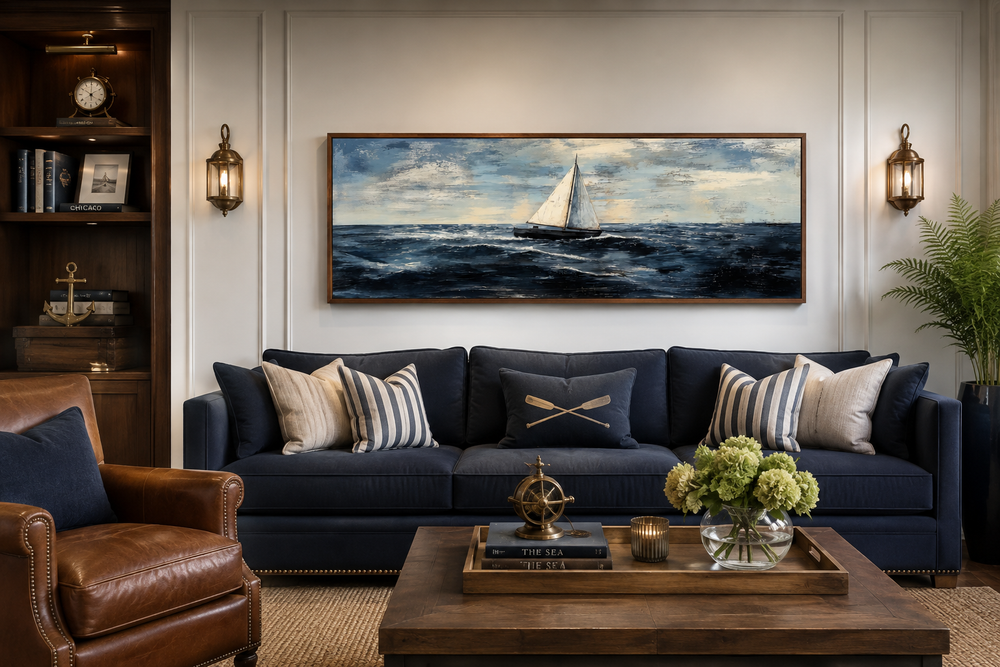 Long horizontal nautical wall art of a sailboat on the ocean above a navy blue sofa.