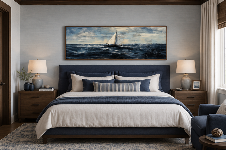 Long horizontal nautical wall art of a sailboat on the ocean above a navy blue upholstered bed.