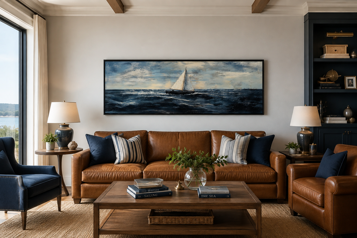 Long horizontal nautical wall art of a sailboat on the ocean above a brown leather sofa.