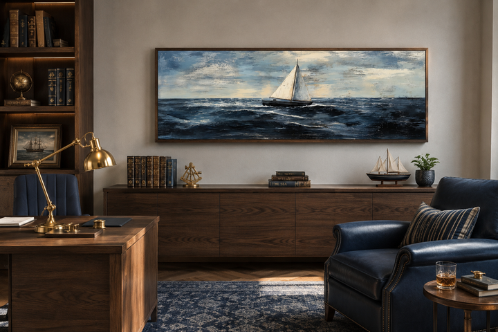 Long horizontal nautical wall art of a sailboat on the ocean above a dark wood sideboard.