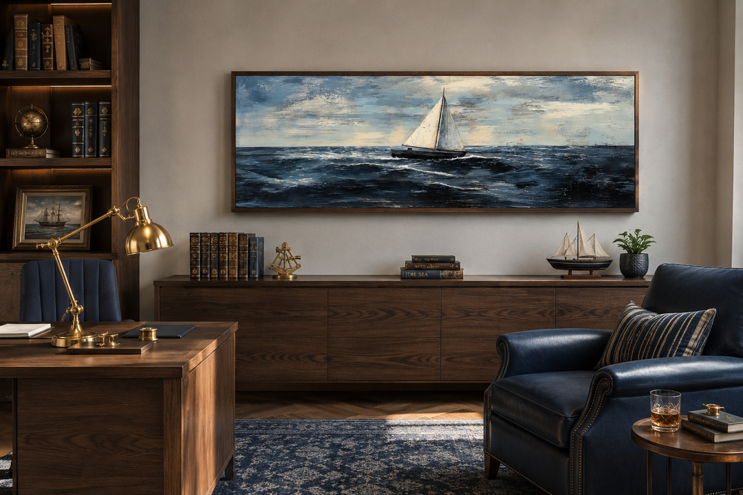 Long horizontal nautical wall art of a sailboat on the ocean in a dark wood office setting.