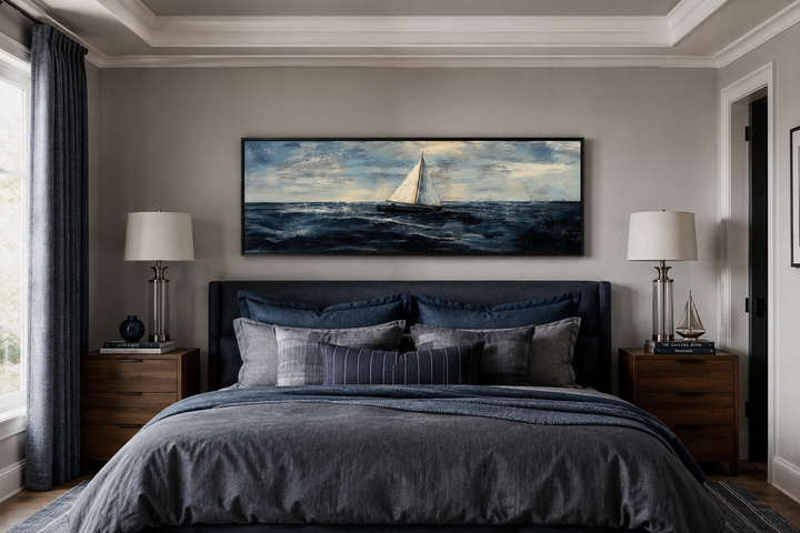 Long horizontal sailboat canvas art above a bed in a nautical-themed bedroom with navy blue tones.