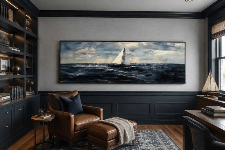 Long horizontal canvas art of a sailboat on a dark ocean above a brown leather chair in a study.
