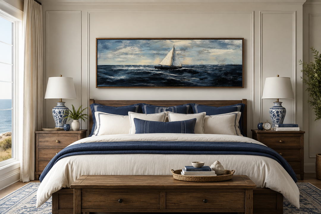 Long horizontal nautical wall art of a sailboat on the ocean above a bed in a coastal bedroom.