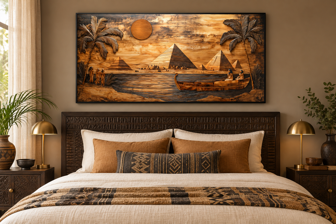 Ancient Egypt canvas print with wood texture style featuring pyramids and the Nile River.