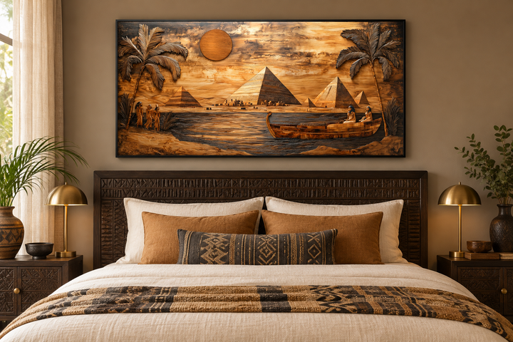 Ancient Egypt canvas print with wood texture style featuring pyramids and the Nile River.