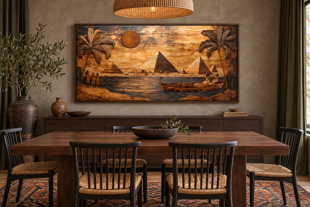 Ancient Egypt wall art canvas print with pyramids and Nile River in a wood texture style.