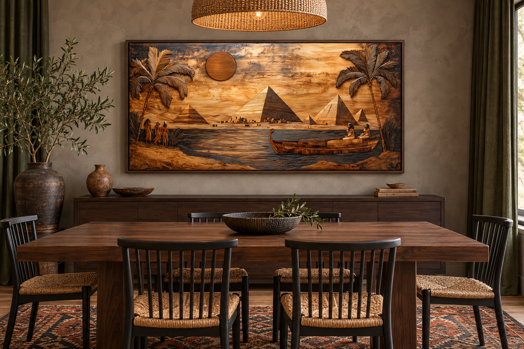 Ancient Egypt wall art canvas print with pyramids and Nile River in a wood texture style.