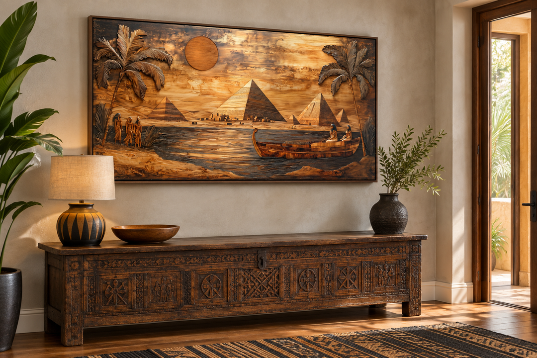 Ancient Egypt wall art canvas print with pyramids and Nile River in a wood texture style.