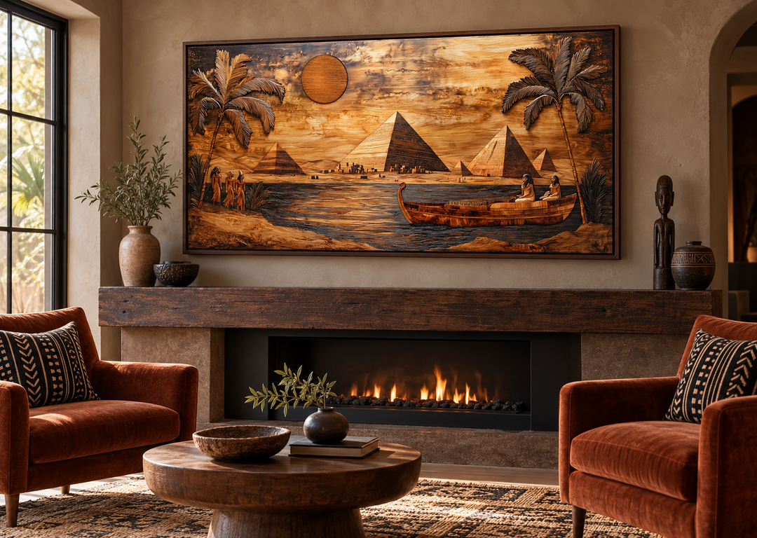 Ancient Egypt wall art canvas print with wood texture style above a fireplace in a rustic lounge.